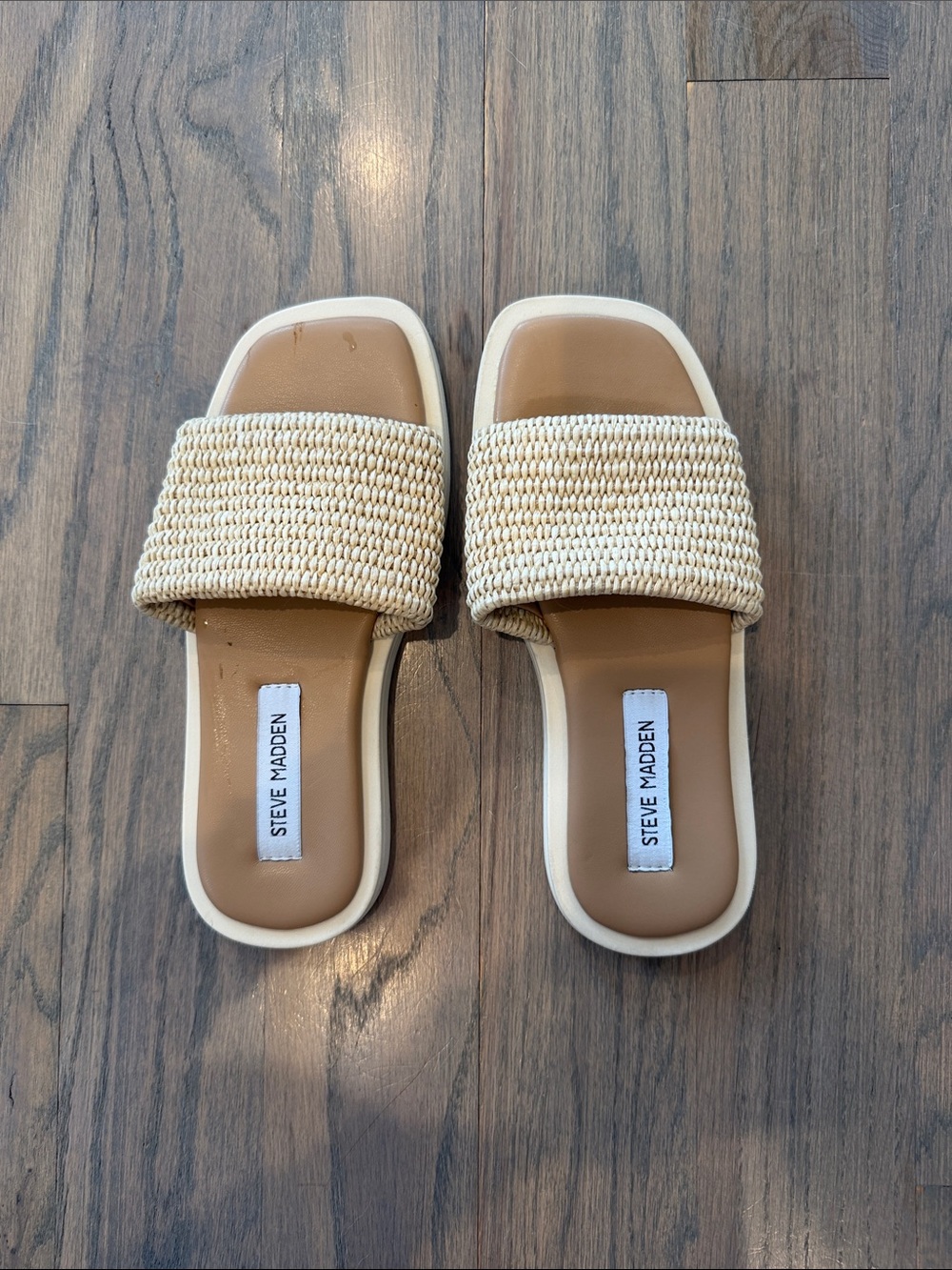 Steve Madden Cream Woven Slide Sandals with Tan Footbed